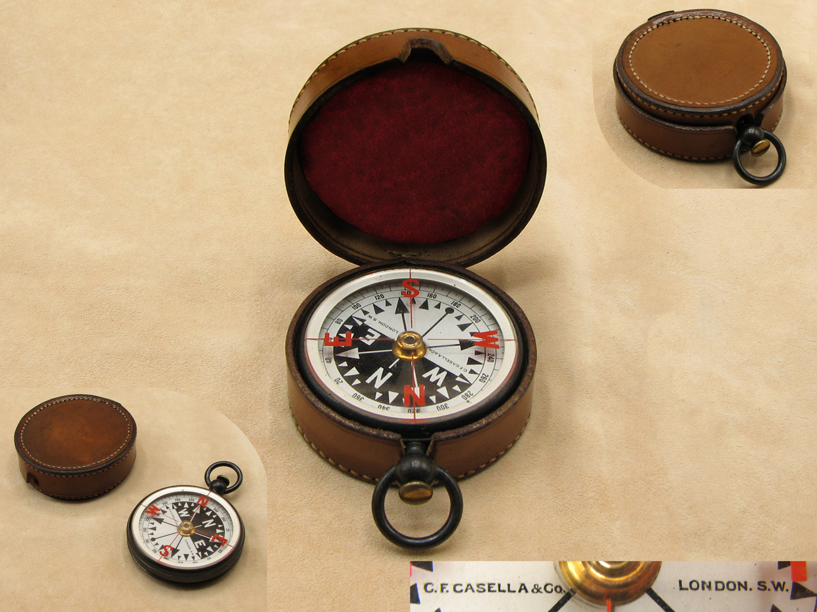 Casella Edwardian pocket compass in leather case circa 1910 
